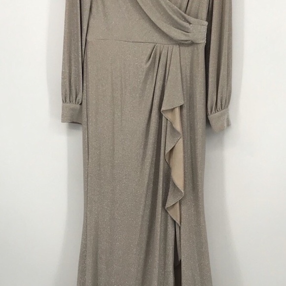 Adrianna Papell Champagne Gold Sparkle Wrap Long Sleeve Zip Floor Length Slit - Picture 2 of 6
